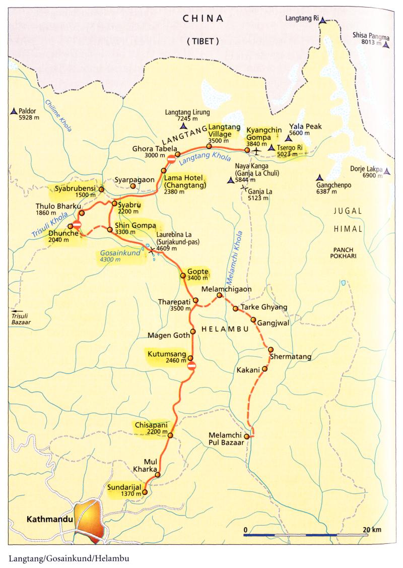 kaart van het gebied ten noordwesten van Kathmandu in Nepal, waar de trekking zal plaatshebben.