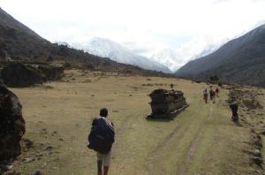Foto van de breder wordende Langtang-vallei. We lopen langs een mani-muurtje.