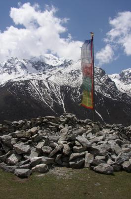 Een boeddhistige vlaggenmast met witbesneeuwde bergen op de achtergrond in Kangjin Gompa.