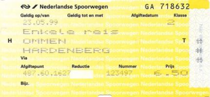 Kaartje NS (Enkele reis Ommen-Hardenberg, 23 mei 1999).